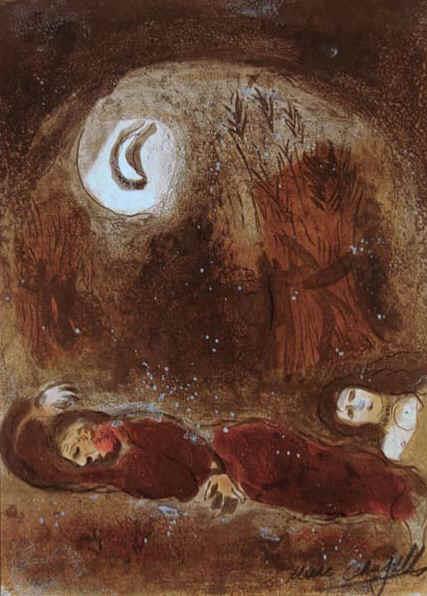 Ruth aux pieds de Boaz lithographie contemporaine Marc Chagall Peintures à l'huile